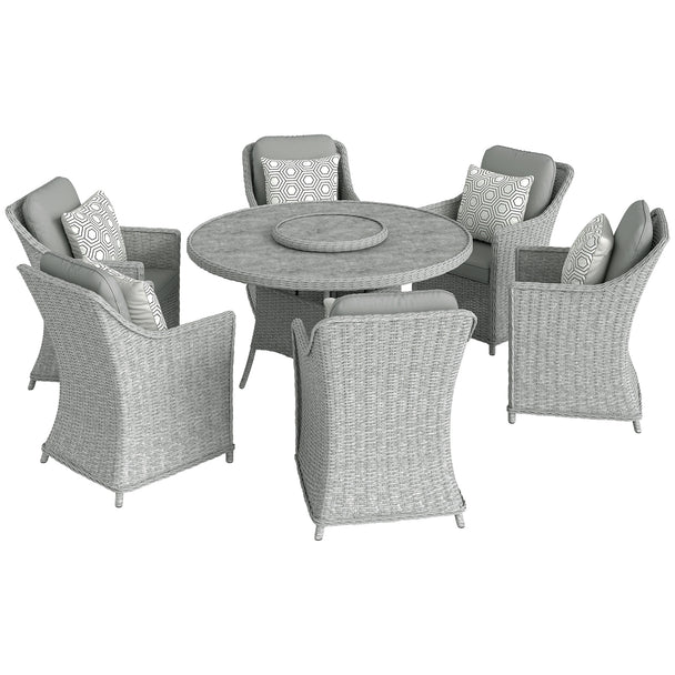 Outsunny Rattan Garden Dining Set with Turntable, Marble Effect Glass Round Garden Table and Chairs with Aluminium