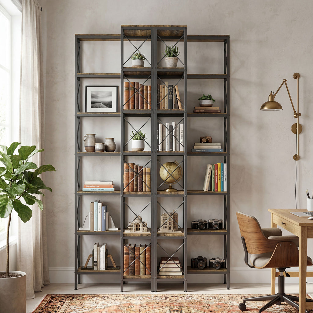 6-Tier L-Shaped Bookshelf, Freestanding Corner Bookcase with Metal Frame, Rustic Brown