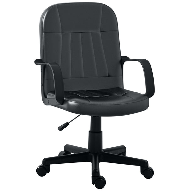 Black faux leather swivel executive office chair with padded armrests and five-castor base