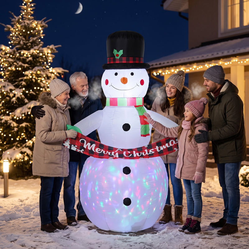 6.7ft Musical Snowman Christmas Inflatable displayed outside a decorated home