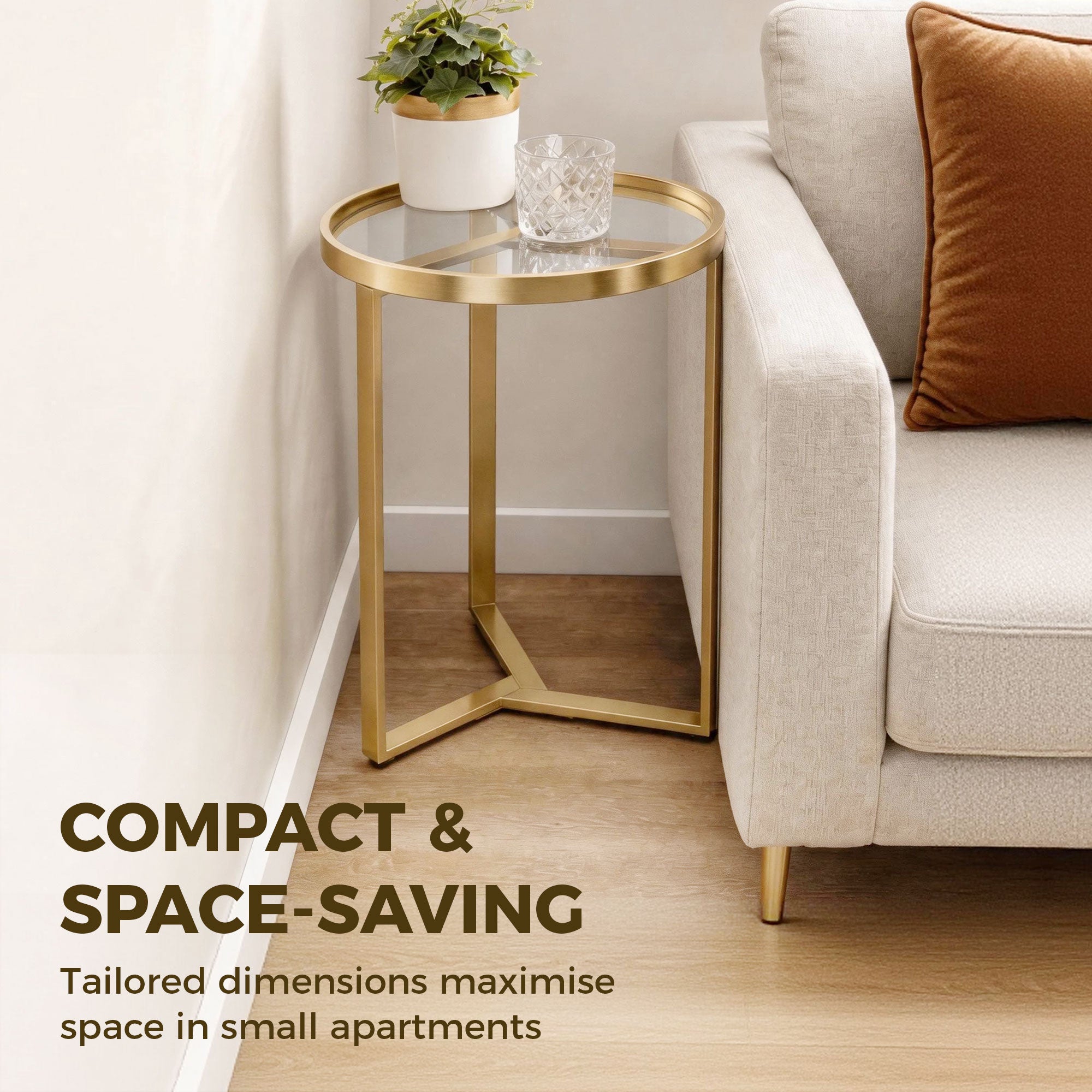 Round Side Table with Tempered Glass Top and Geometric Metal Frame for Small Space, Gold Tone