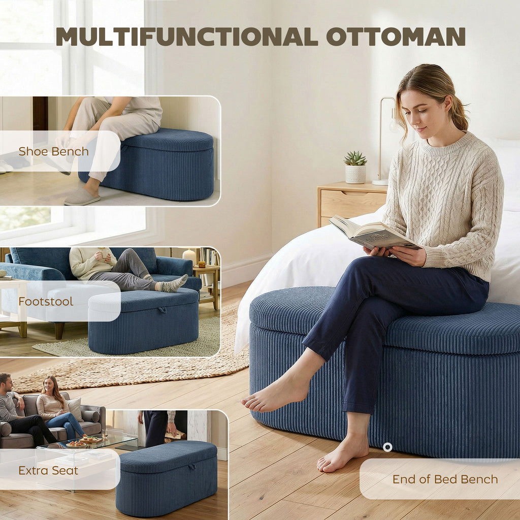 Storage Ottoman, Corduroy Upholstered Ottoman Storage Box with Padded Seat, 105 x 51 x 49 cm, Blue