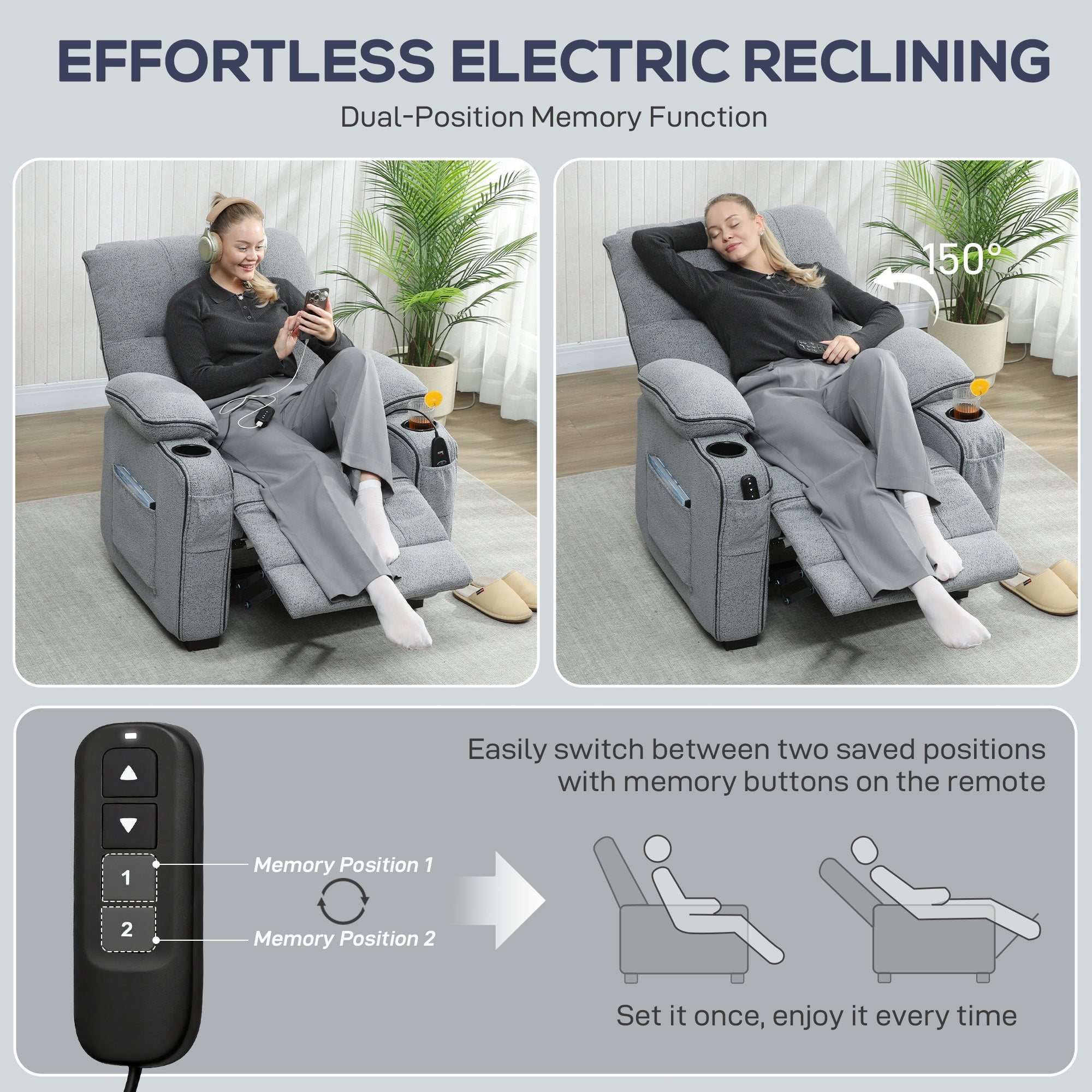 Electric Massage Recliner Armchair with Vibration, Heat, Whisper-Quiet Motor, Memory Function, Velvet Power Reclining Chair with Spring Pack, USB Port, Footrest, Side Pockets, Cup Holders, Grey