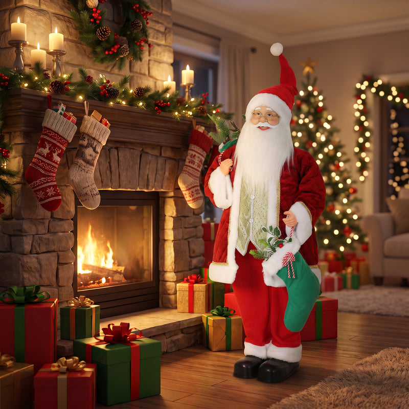 4ft Singing Santa beside a decorated Christmas tree