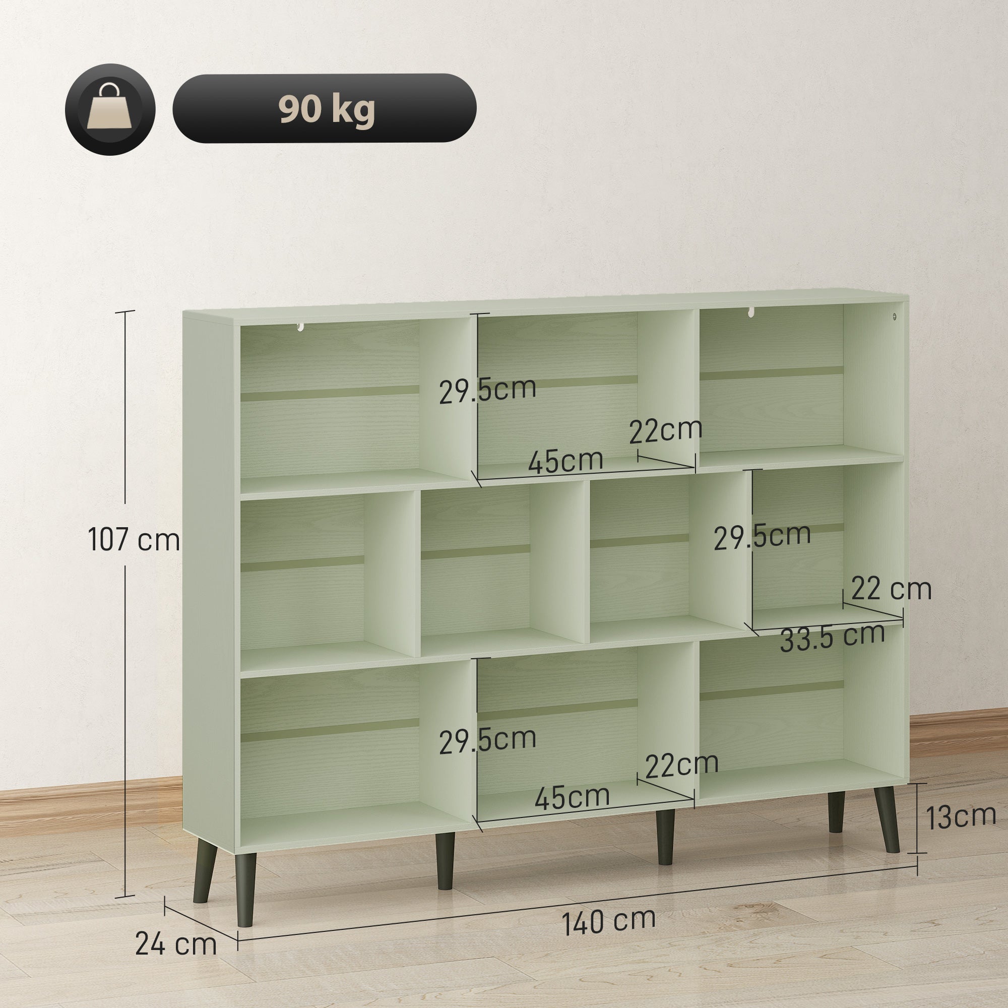 10-Cube Bookcase, 3-Tier Book Shelf with Solid Wood Legs, 140 cm Modern Bookshelf with Anti-Tip Kit, Light Green
