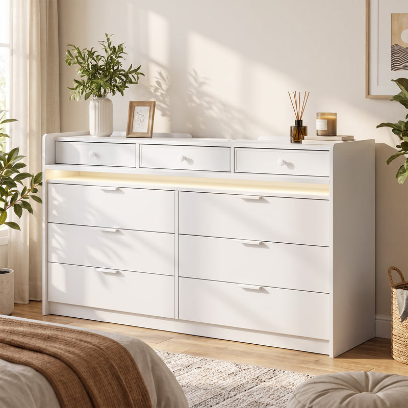 HOMCOM Chest of Drawers for Bedroom with LED Light & Charging Station, 9 Drawers Storage Unit/TV Stand, White – view 2
