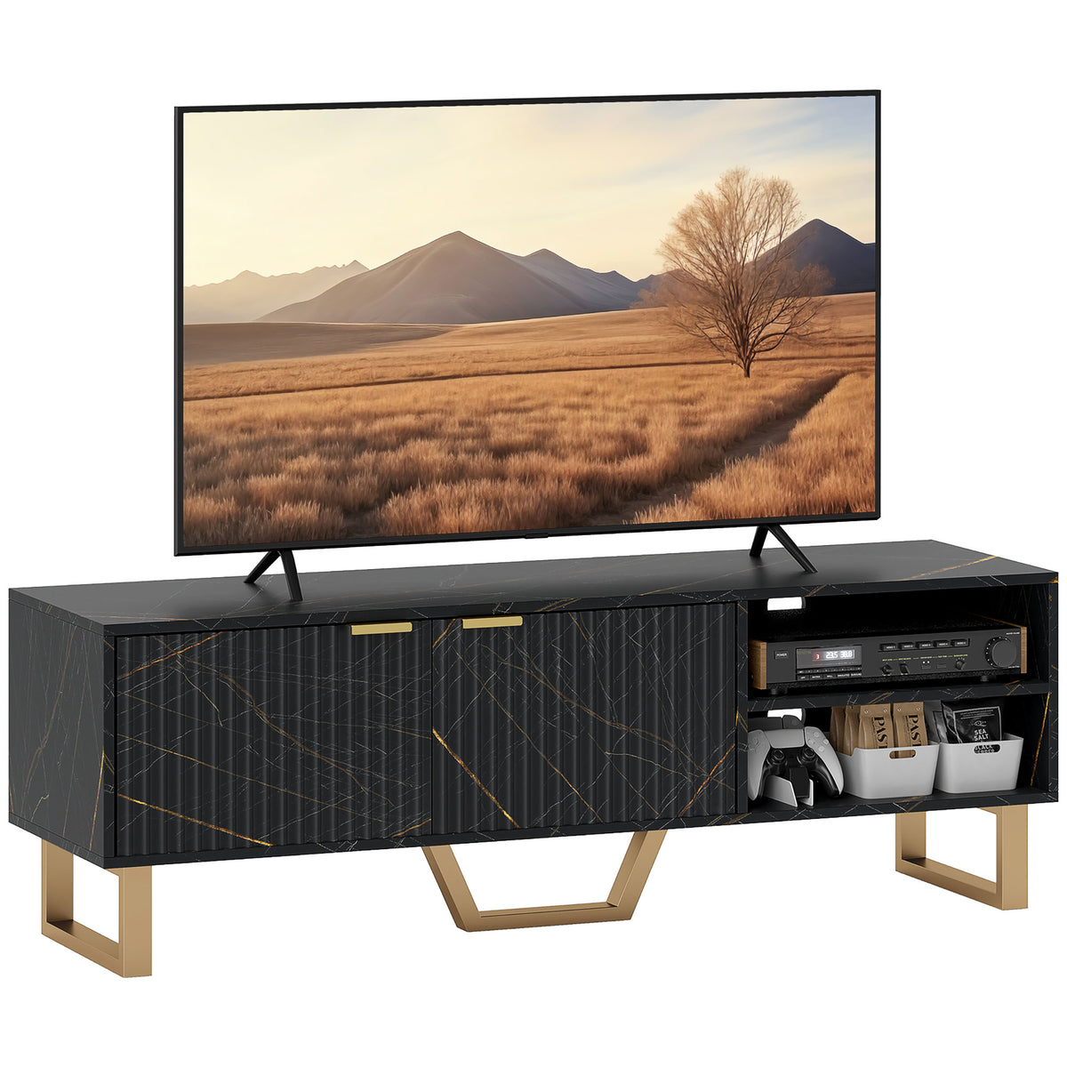 140 cm Marble-Effect TV Unit with Fluted Cupboard – Black