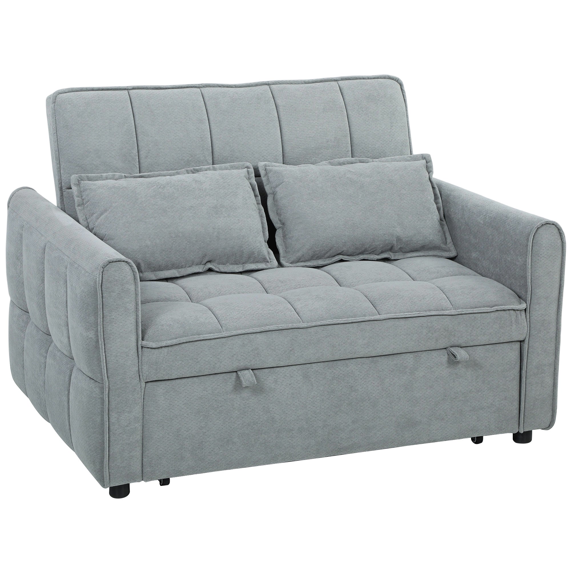 2 Seater Sofa Bed, 3-in-1 Convertible Sleeper Sofa with Click-clack Adjustable Backrest and 2 Pillows, Grey