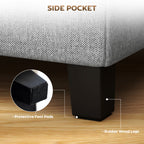 Square Footstool, Small Ottoman with Side Pocket, Linen Fabric Footrest Foot Stool with Rubber Wood Legs and Padded Seat for Living Room, Bedroom, Entryway, 35 x 35 x 35cm, Light Grey