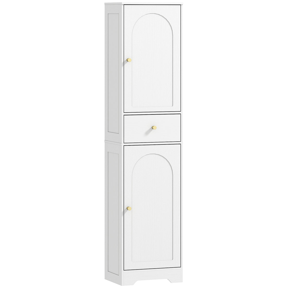 Tall white 170 cm bathroom cabinet with arched doors, drawer and gold-tone knobs