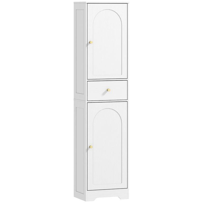 Tall white 170 cm bathroom cabinet with arched doors, drawer and gold-tone knobs