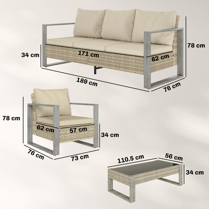 Outsunny 4 Piece Rattan Garden Furniture Set with 3-Seater Sofa, Armchairs, Table, Aluminium Frame Patio Conversation – view 3
