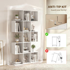 5-Tier Bookshelf, S Shaped Geometric Bookcase with 15 Compartments, White Wood Effect