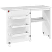 White folding sewing table with drop leaf, three storage bins, open shelf and wheels