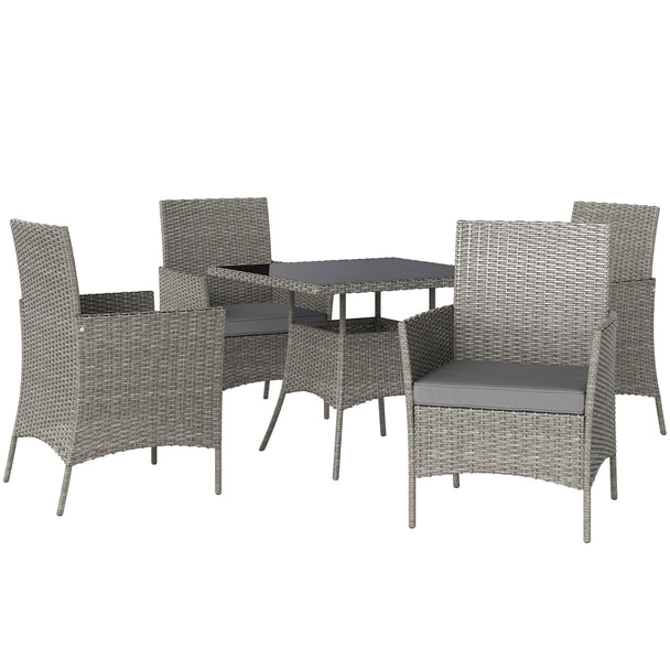Light grey rattan garden dining set with four cushioned chairs and square glass-top table