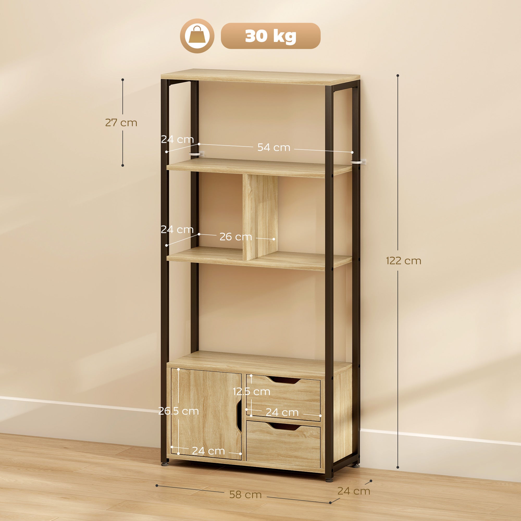 4-Tier Bookcase, Bookshelf with 1 Cabinet and 2 Drawers for Living Room, Bedroom, Study, Natural Wood