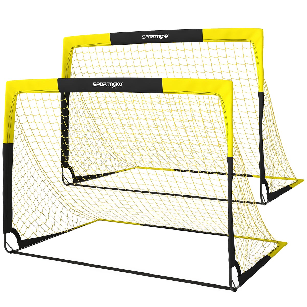 Two yellow and black pop-up football goals with fibreglass poles and ground stakes
