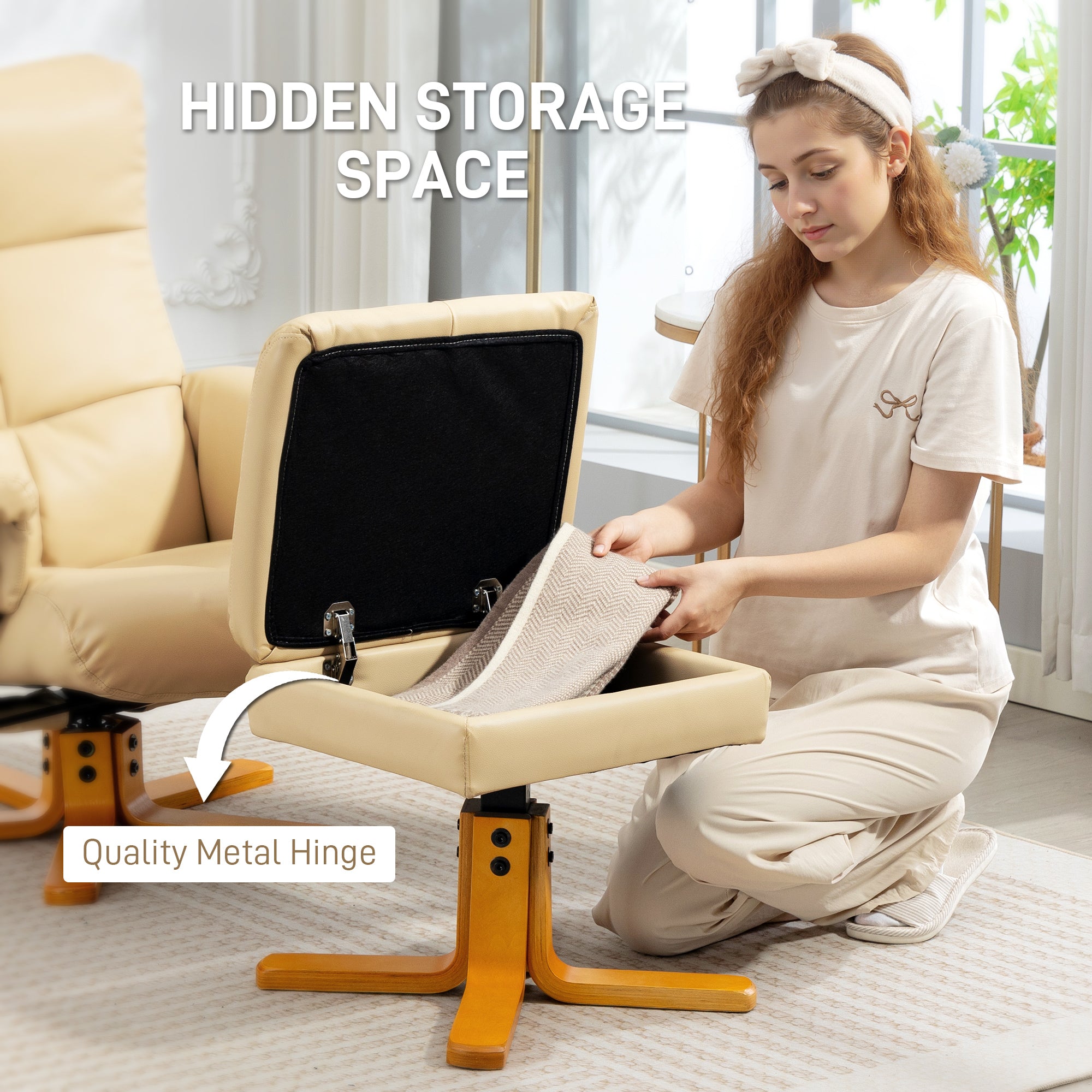 PU Leather Swivel Recliner Chair with Footstool, Wooden Base and Storage for Living Room, Beige