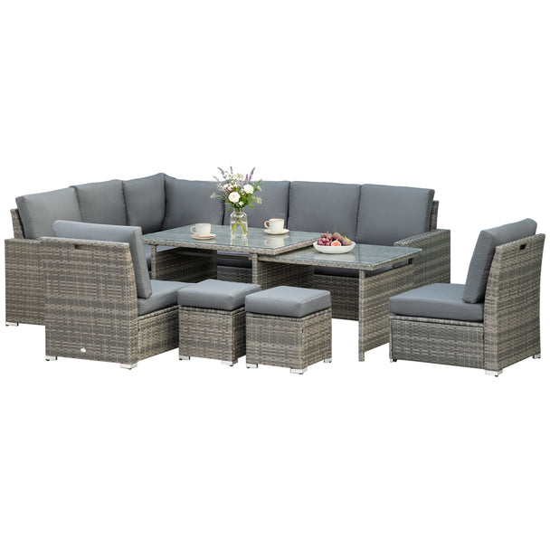 Grey 7-piece rattan corner sofa dining set with extending glass-top table and footstools