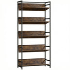Bookshelf 5-Tier Metal Frame Room Divider Bookcase Storage Shelves for Living Room Rustic Brown