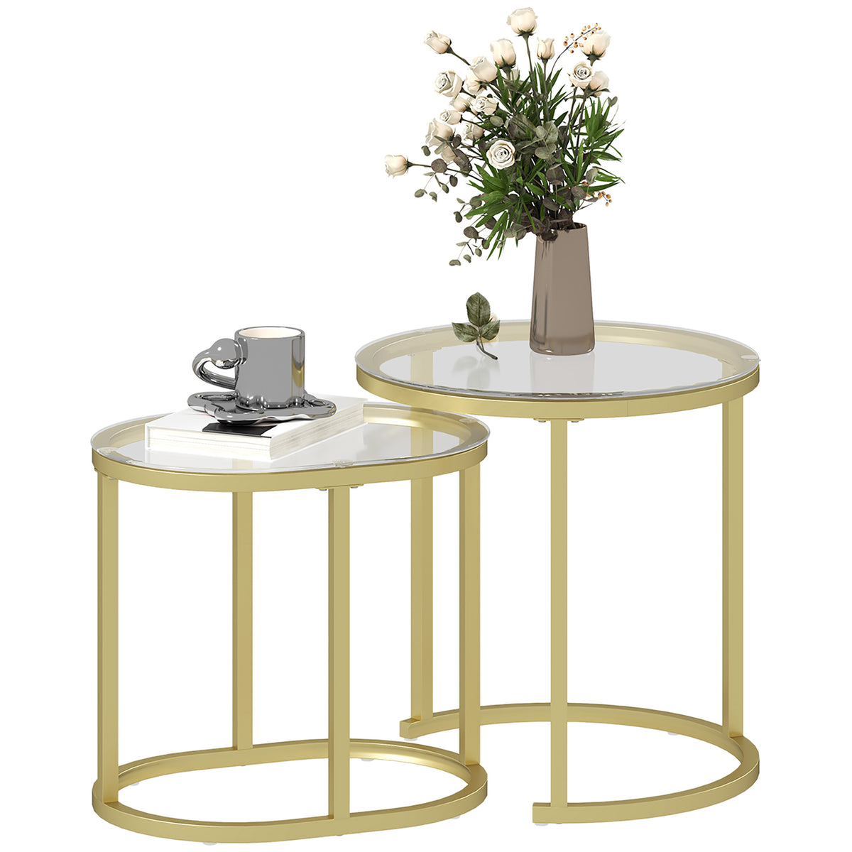 Set of 2 Tempered Glass Nesting Tables – Clear & Gold