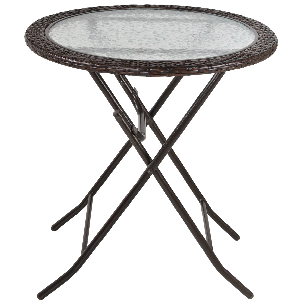 Brown 68 cm round folding rattan garden table with water-ripple glass top