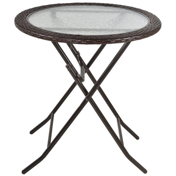 Brown 68 cm round folding rattan garden table with water-ripple glass top