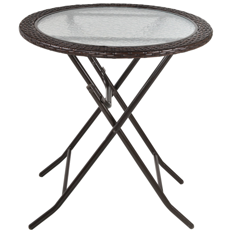 Brown 68 cm round folding rattan garden table with water-ripple glass top