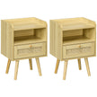 Pair of natural wood bedside tables with rattan-weave drawers, open shelves and pine legs