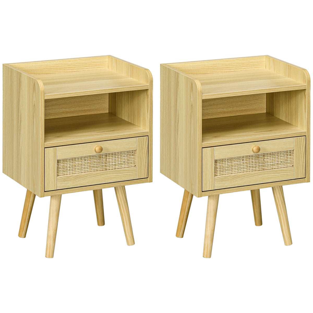 Pair of natural wood bedside tables with rattan-weave drawers, open shelves and pine legs