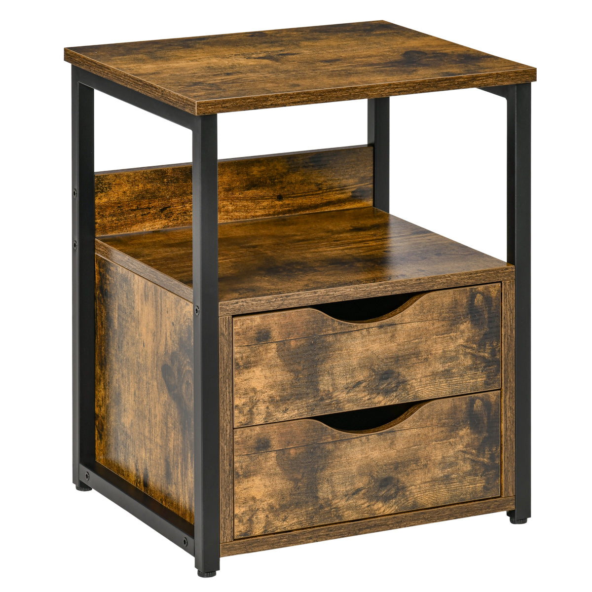 49 cm Industrial Side Table with 2 Drawers & Open Shelf – Rustic Brown