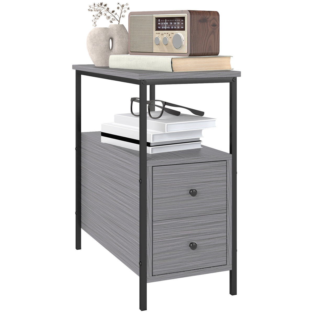 61 cm Narrow Industrial Side Table with 2 Drawers – Grey