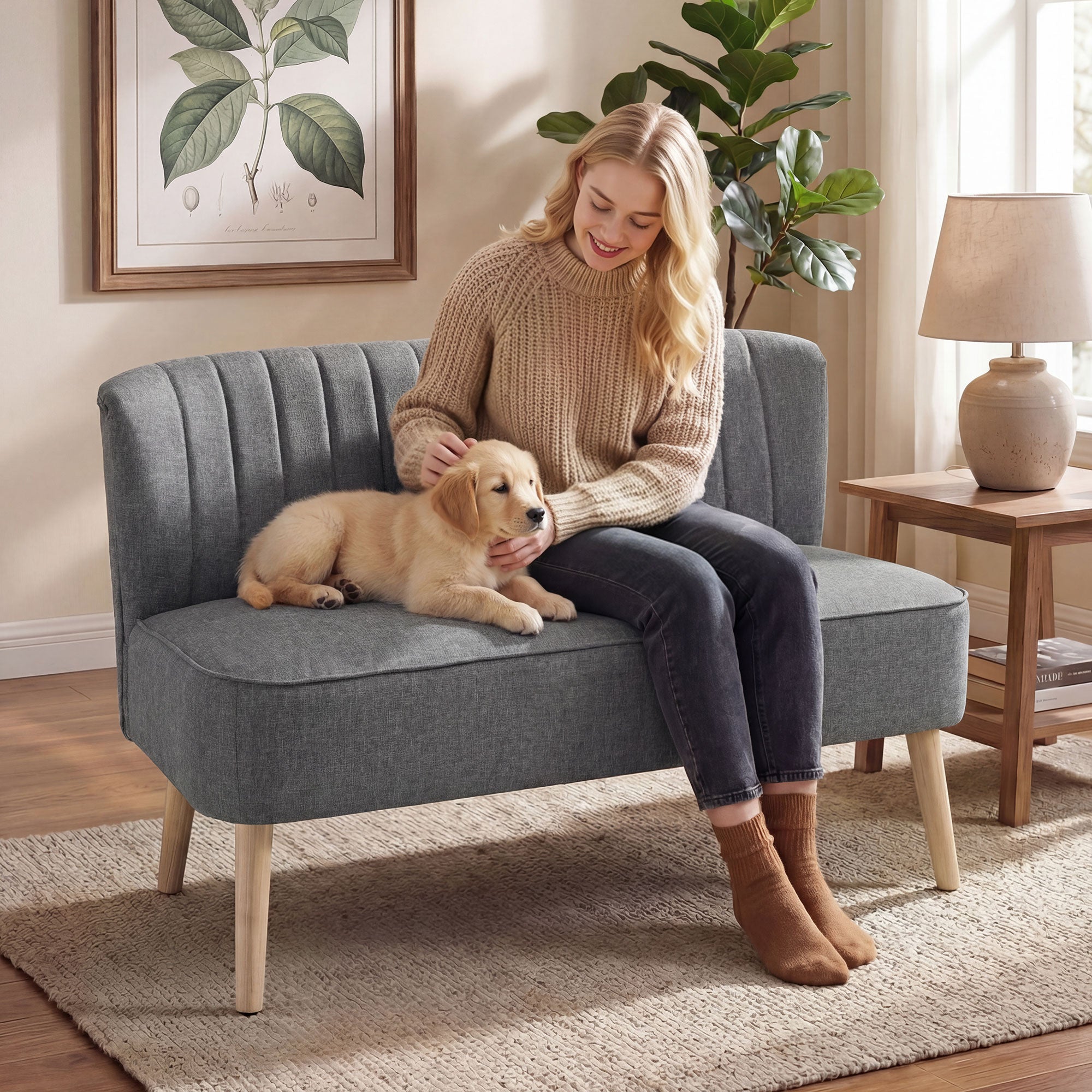 117cm Loveseat Sofa Upholstered Small 2 Seater Sofa with Thick Padded Seat and Rubber Wood Legs, Grey