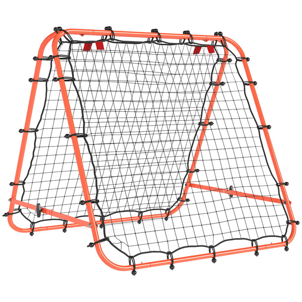 Orange double-sided football rebounder net on a folding steel frame with adjustable angle