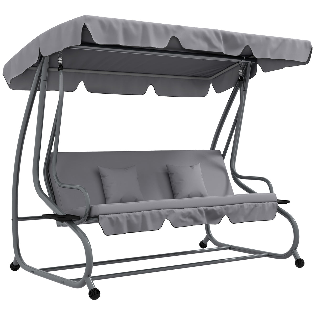 Light grey 3-seater garden swing bed with adjustable canopy, cup holders and pillows