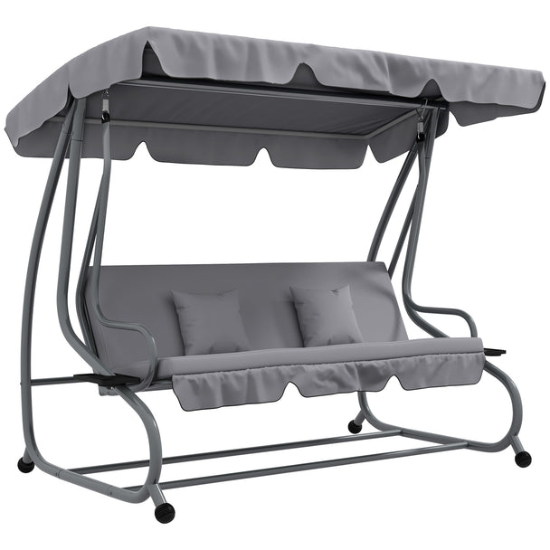 Light grey 3-seater garden swing bed with adjustable canopy, cup holders and pillows
