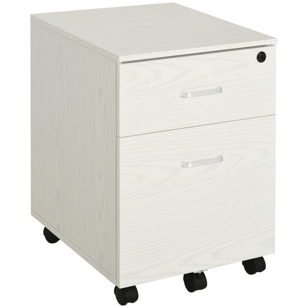 White wood grain two-drawer lockable mobile filing cabinet on castor wheels