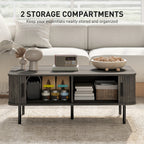 Coffee Table with Storage, Living Room Table with Slatted Tambour Sliding Doors and Adjustable Foot Pads, Rectangular Coffee Table with Elevated Base for Living Room, Grey Wood-Effect