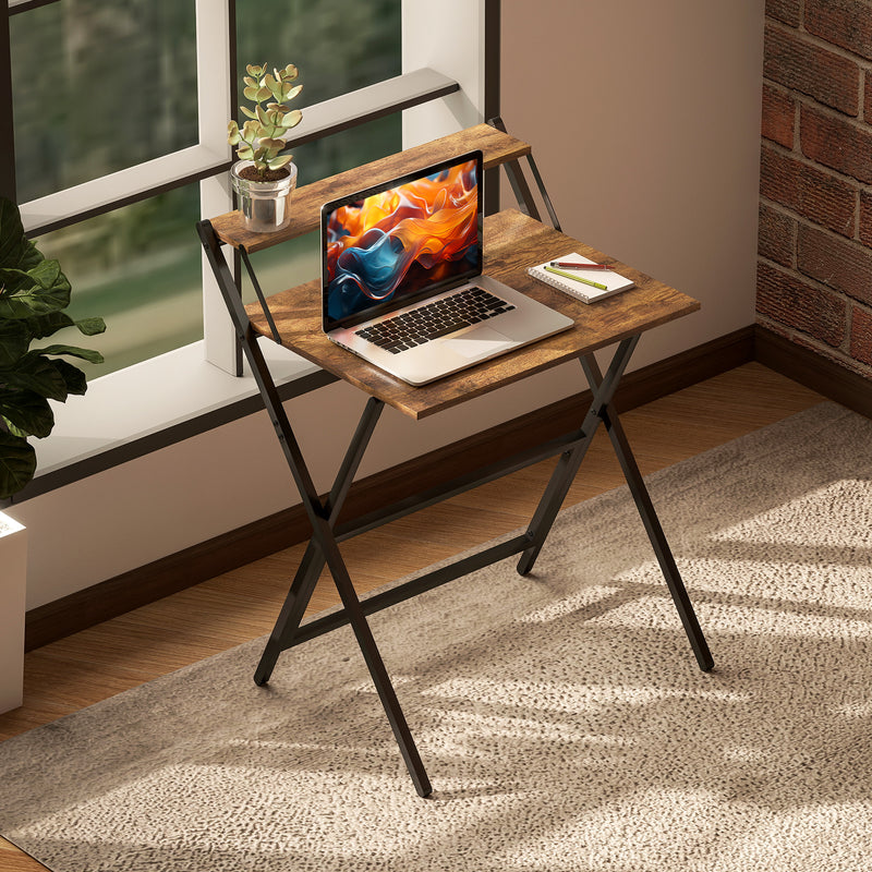 HOMCOM 70 cm Folding Computer Desk with Monitor Shelf - Rustic Brown – view 7