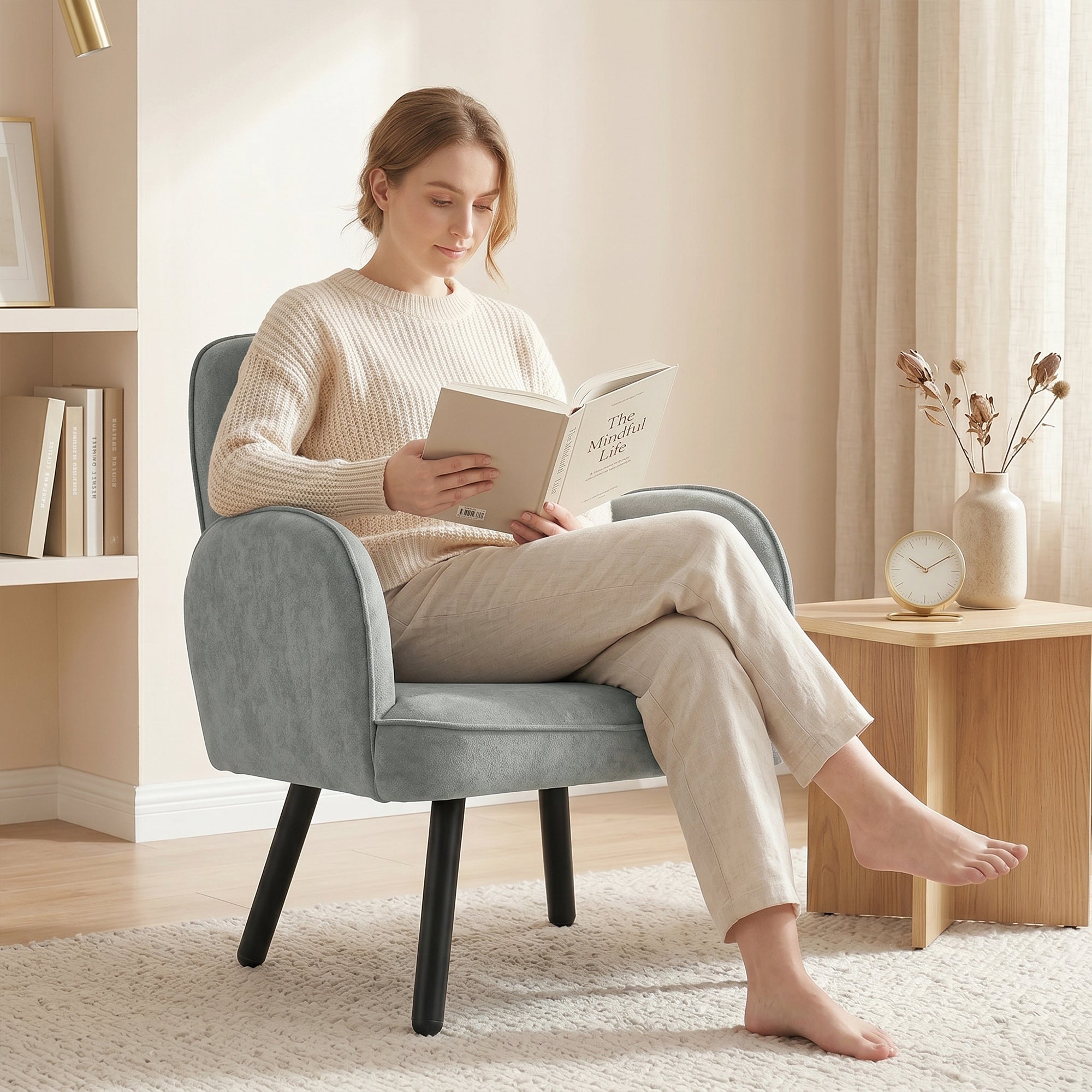 Lounge Chair Velvet Upholstered Armchair with Spring Cushion for Living Room Bedroom Grey