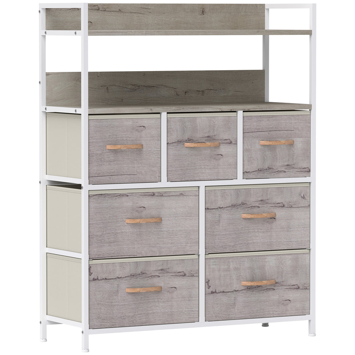 White 7-drawer fabric storage unit with natural wood-effect top and open shelf