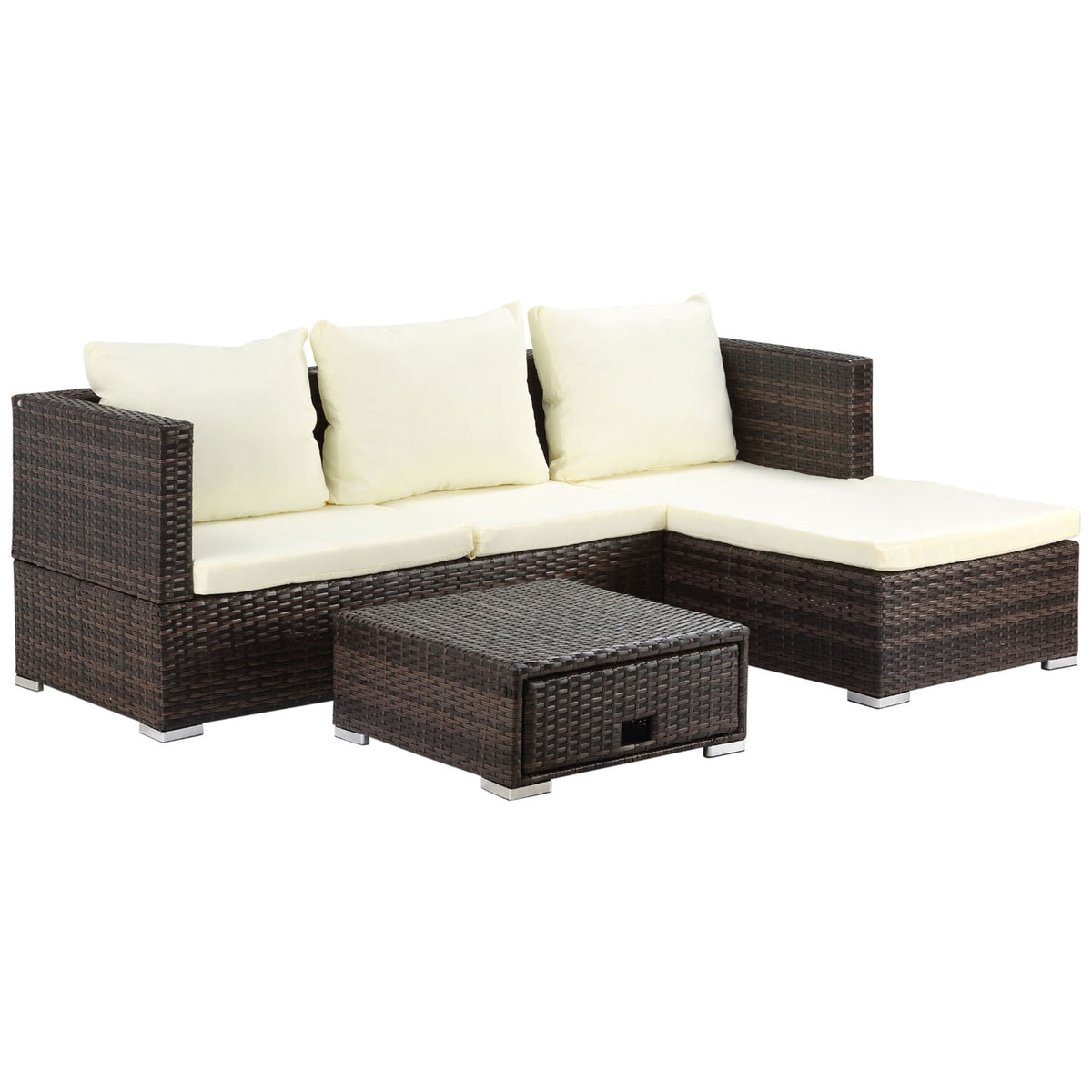 Brown rattan corner sofa set with reclining loveseat, cream cushions and storage coffee table