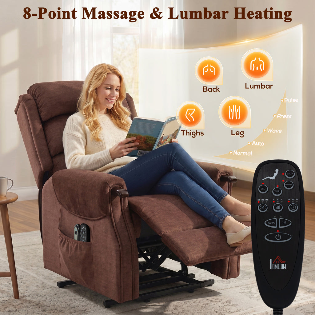 Power Lift Recliner with Vibration Massage and Heat, Lift Chair for Tall with Wood Grip, Pocket Spring, Brown