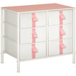 White and pink fabric chest of drawers with six drawers, wooden top and sock-style legs
