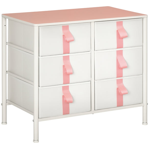 White and pink fabric chest of drawers with six drawers, wooden top and sock-style legs