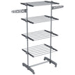Grey 4-tier folding clothes airer with two side wings and six wheels
