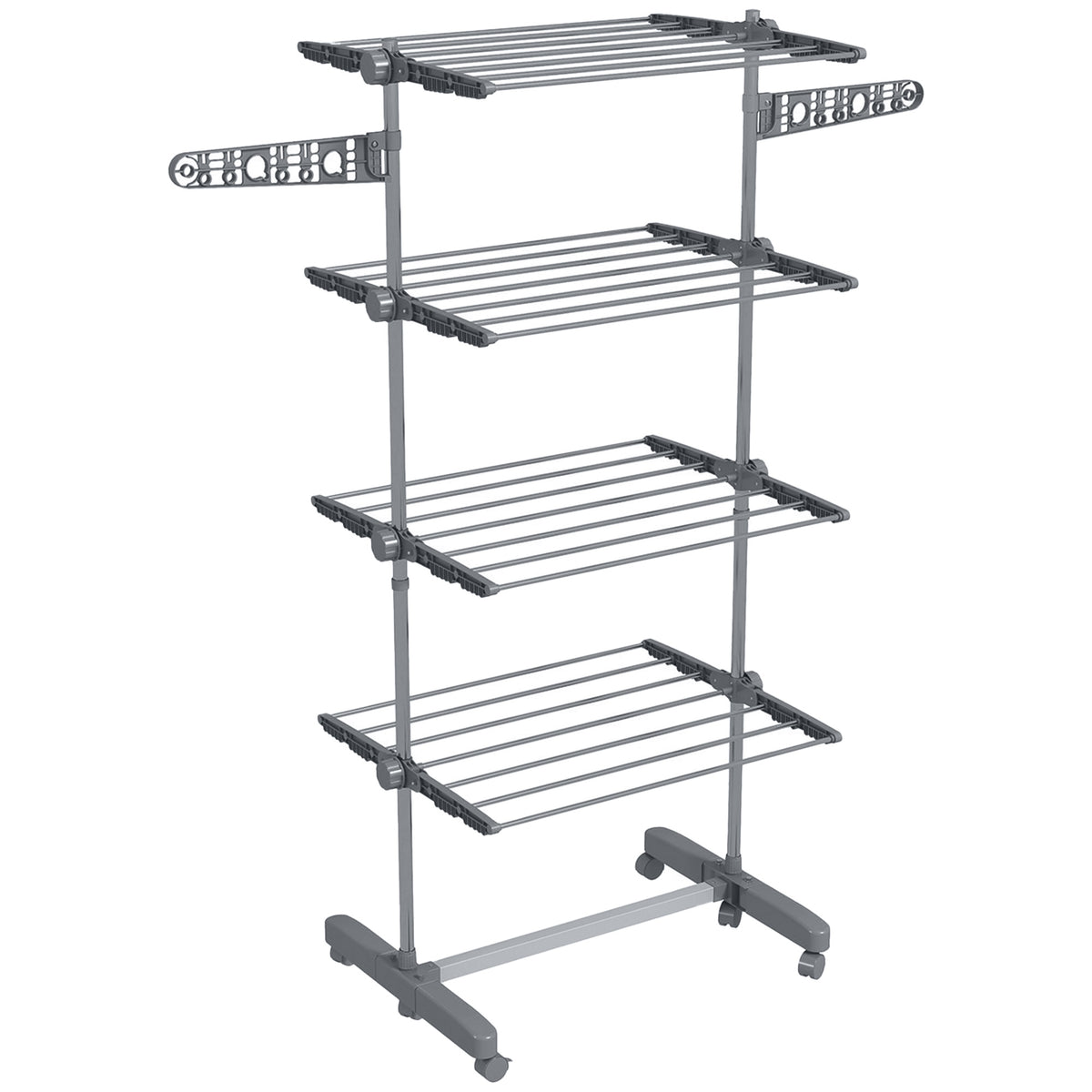 Grey 4-tier folding clothes airer with two side wings and six wheels