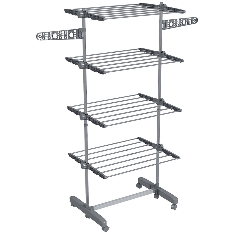 Grey 4-tier folding clothes airer with two side wings and six wheels