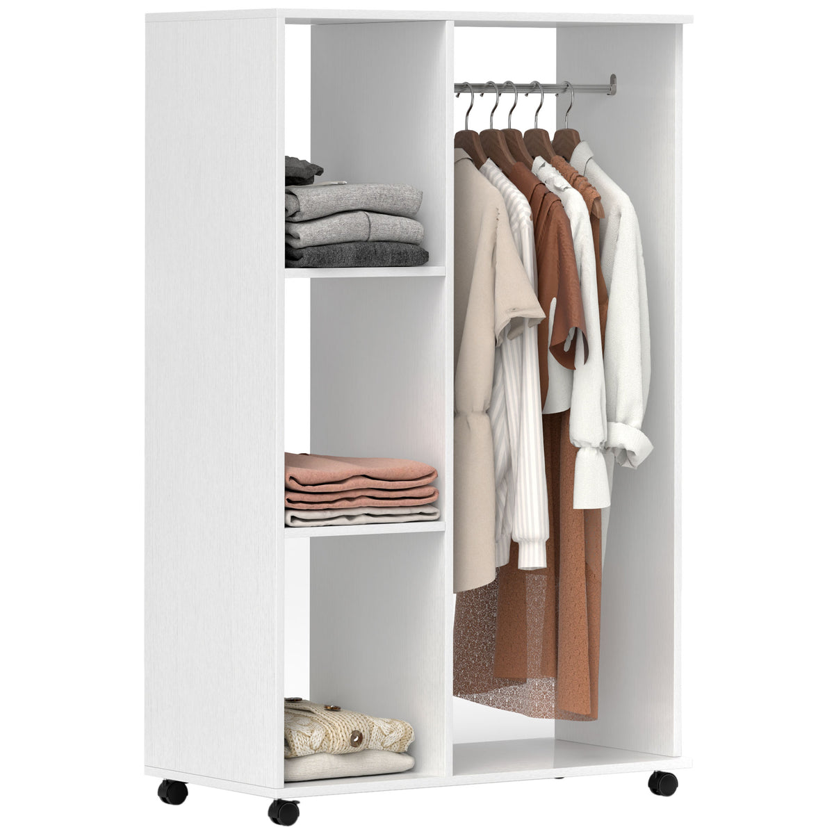 White open wardrobe on wheels with hanging rail and three side shelves
