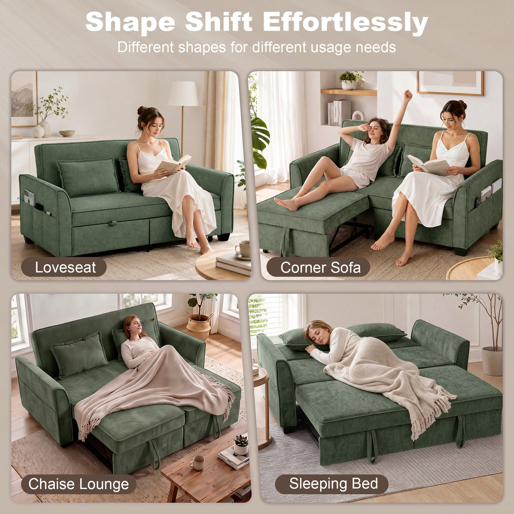 2 Seater Sofa Bed, 4-in-1 L-Shaped Convertible Pull-Out Sleeper Sofa with Adjustable Backrest Side Pockets, Dark Green